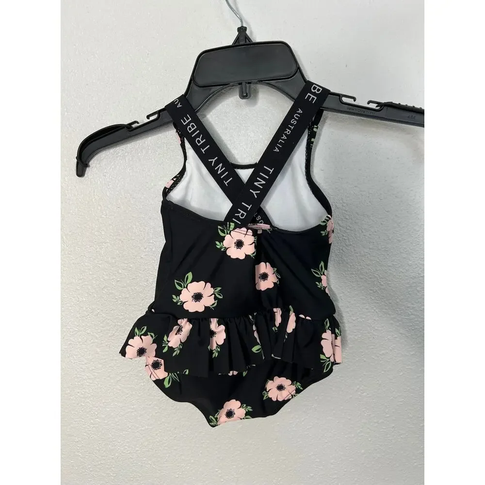 Tiny Tribe Toddler Floral One-Piece Swimsuit Black Pink Cross Back Sz 6-9 Months
